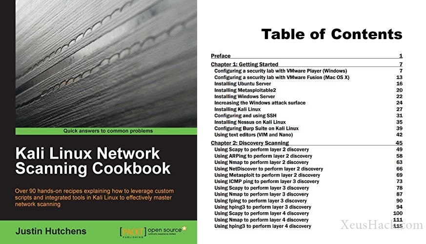 The cover and table of contents of the book: Kali Linux Network Scanning Cookbook The cover and table of contents of the book: Kali Linux Network Scanning Cookbook