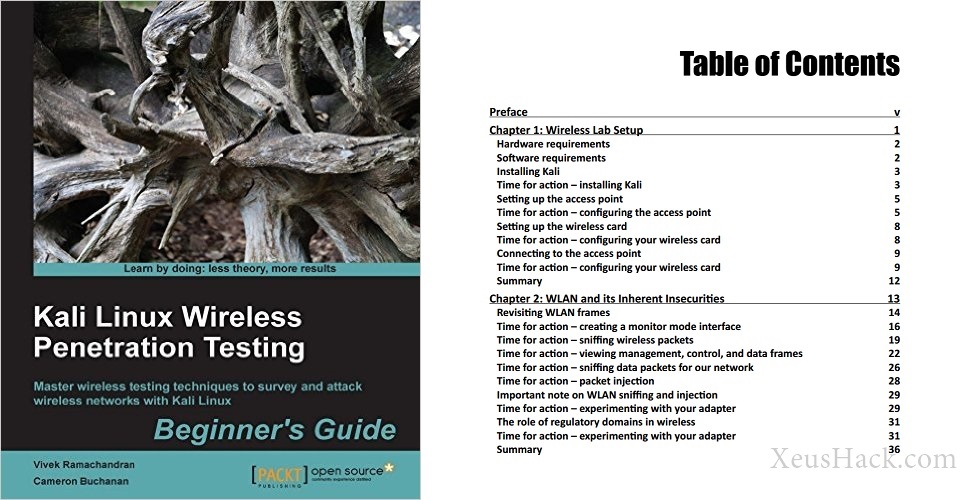 The cover and table of contents of the book: Kali Linux Wireless Penetration Testing: Beginner's Guide The cover and table of contents of the book: Kali Linux Wireless Penetration Testing: Beginner's Guide