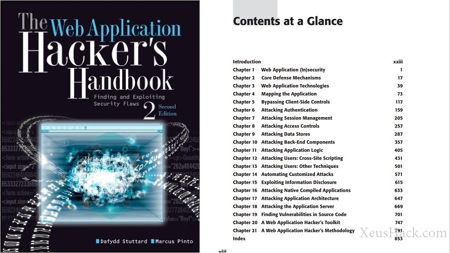 The cover and table of contents of the book: The Web Application Hacker's Handbook: Finding and Exploiting Security Flaws The cover and table of contents of the book: The Web Application Hacker's Handbook: Finding and Exploiting Security Flaws